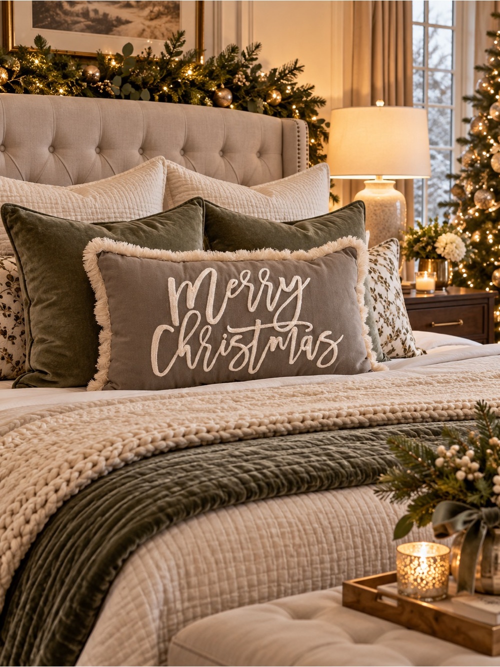 Merry Christmas Decorative Lumbar Pillow - Gray/Brown and Cream Holiday Pillow